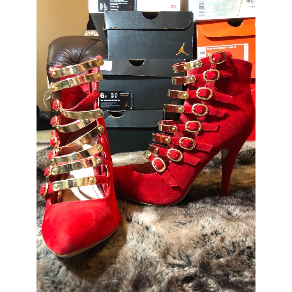 Red Suede gold buckled heels